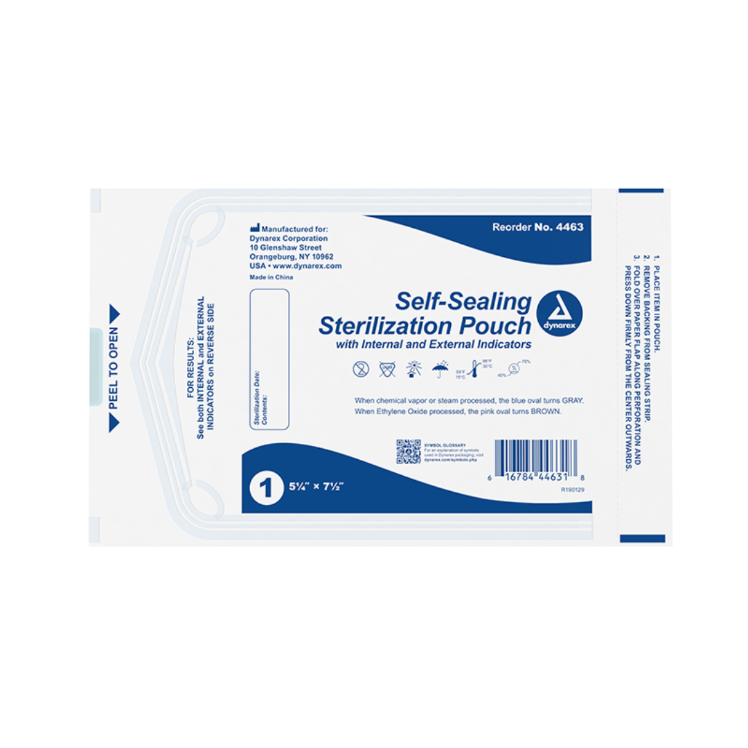The Dynarex Sterilization Pouches | Self-Sealing Instrument Pouches feature white and blue coloring, internal/external indicators, clear instructions, branding, reorder info, and measure 5 1/4 x 7 1/2 for reliable sterilization.